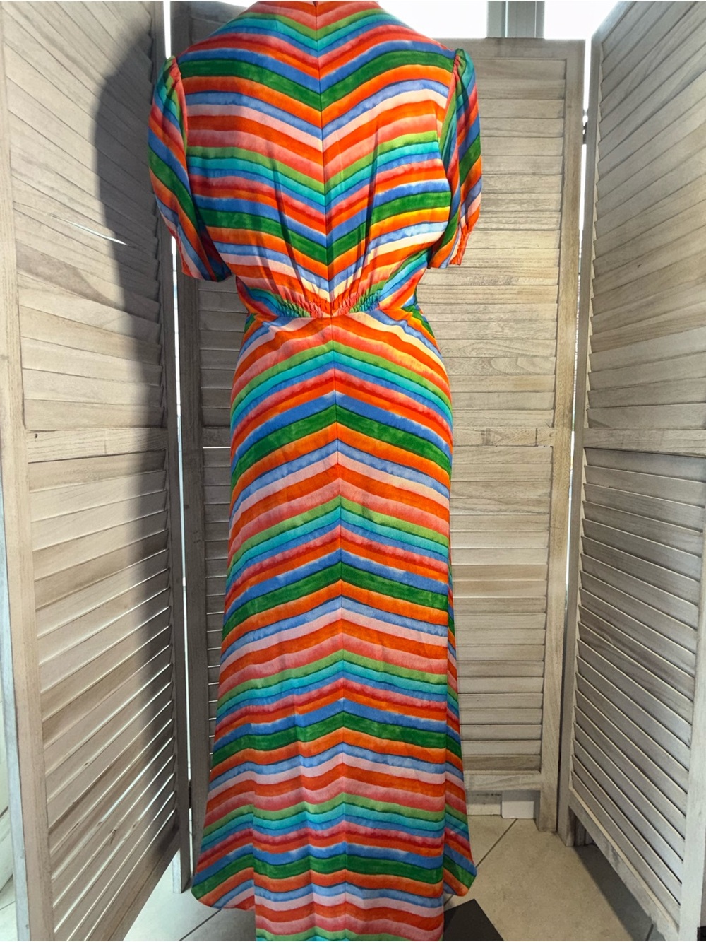 SALONI Lea Silk Maxi Dress Multicolor Watercolor Rainbow Stripe V-Neck 12 - Picture 5 of 8
